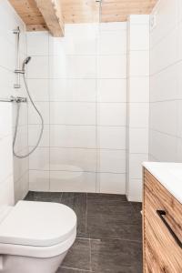 a bathroom with a toilet and a shower at Fohlenwies - romantische Berghütte in Alleinlage Osttirol in Lienz +12 photos