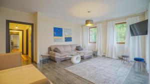 a living room with a couch and a tv at Coroni Apart 1 Cu Vedere Panoramica Brasov in Braşov