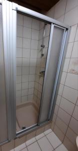 La salle de bains est pourvue d'une douche avec une porte en verre. dans l'établissement Apartment Weitblick, à Butjadingen
