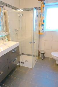 ツィングストにあるKranich VIII, Whg 37のバスルーム(シャワー、洗面台、トイレ付)