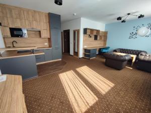 a kitchen and living room with a couch and a table at ApartHotel Legnica - apartamenty z aneksem kuchennym in Legnica