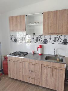 cocina con fregadero y fogones horno superior en Casa Vacacional Quinta Sofia en Girardot