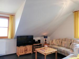 sala de estar con sofá y TV en Harzwellness, en Altenau