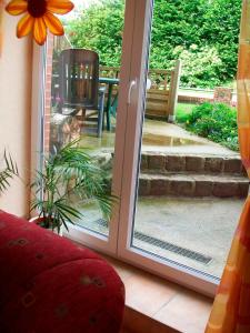 une porte coulissante en verre avec un chat assis sur une terrasse dans l'établissement FeWo Mareike, à Hanerau-Hademarschen