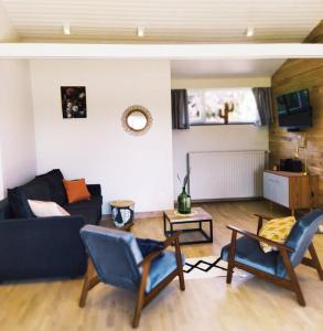 een woonkamer met een blauwe bank en 2 stoelen bij Le Clos des 3 - Vacances avec vue en Ardennes à 5 kilomètres de La Roche - MAISON de 90 m2 avec chambres - avec magnifique jardin in Rendeux