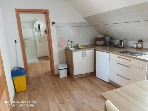 a small kitchen with white cabinets and a sink at Apartmá Na Lipně in Horní Planá