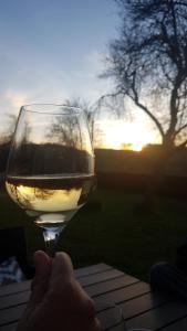 una persona sosteniendo una copa de vino en una mesa en Ferienwohnung Familie Heite, en Olpe