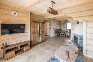 uma sala de estar com paredes de madeira e uma televisão de ecrã plano em Chaty Mocarnego Szaflary em Szaflary