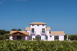 una grande casa bianca in un campo di uva di Aneli Luxury Villas - Villa Alexandra ad Áyios Kírikos