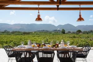 a dinner table with chairs and a view of a vineyard at Aneli Luxury Villas - Villa Alexandra in Ayios Kirikos