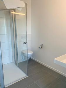 a bathroom with a toilet and a glass shower at PRIMA Inn Unterkunft direkt über der "Bar am Minimax" in Neuruppin