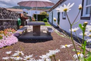 un jardín con banco y sombrilla en Casa D'Alfaias, en Nordeste