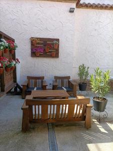 een patio met houten tafels en stoelen en potplanten bij Hotel Español in La Pueblanueva