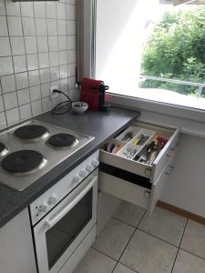 cocina con fogones, fregadero y ventana en Bijou Appartment, en Zollikofen