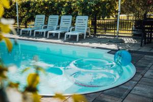 a swimming pool with chairs and a bowl in the water at Vila Anna in Radenci