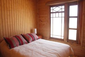 1 dormitorio con 1 cama con 2 almohadas y ventana en Punta de Choros Lodge, en Punta de Choros
