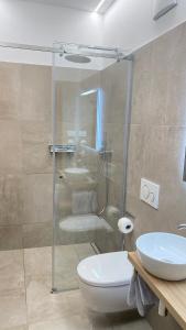 a bathroom with a shower and a toilet and a sink at Villa Vera in Auer