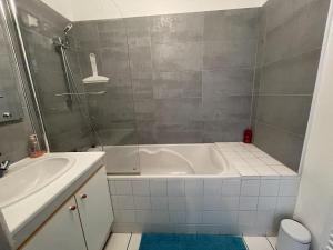 La salle de bains est pourvue d'une baignoire et d'un lavabo. dans l'établissement Appartement Le Temple Auxerre Centre Ville, à Auxerre