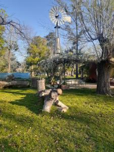 una estatua de un oso sentado en un parque con un molino de viento en La Carmencita casa de campo, Manzanares, Pilar en Pilar