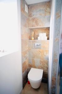 uma casa de banho com um WC branco num quarto em le Perroquet Fringant em Caen