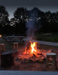 eine Feuerstelle mit einem Picknicktisch und einem Picknicktisch in der Unterkunft Het Hilkensberg Park in Broekhuizen