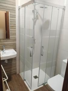 a glass shower in a bathroom with a sink at LA VILLA DE ORGAZ in Orgaz
