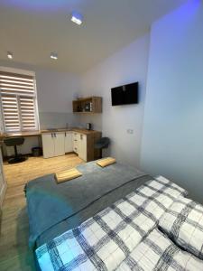 a bedroom with a large bed and a kitchen at Квартира-студія подобово на вулиці Городоцька 102 in Lviv