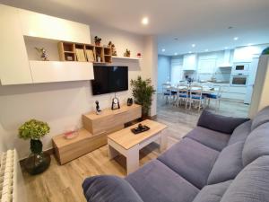 a living room with a purple couch and a tv at Casa de David in Navas de San Antonio