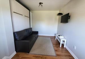 a living room with a black leather couch and a tv at Gite La Bergeronnette in Grandes-Bergeronnes