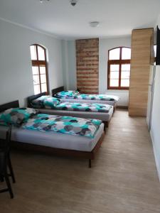 eine Reihe von Betten in einem Zimmer mit Fenstern in der Unterkunft Noclegi Stara Wozownia in Piła