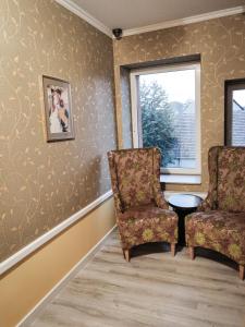 two chairs and a table in a room with wallpaper at Dom Weselny Pod Kasztanem in Lubań