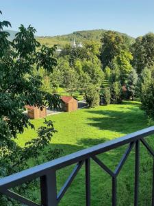 a view from the balcony of a house with a green yard at Apartment on Lermontova 35a in Mukacheve