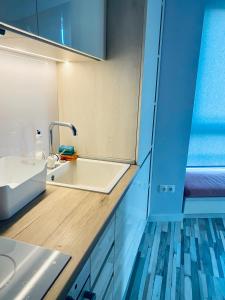 uma casa de banho com um lavatório e um balcão com um espelho em Turquoise and Magenta Apartments em Sófia