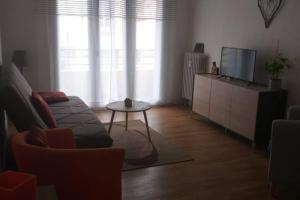 Una sala de estar con un sofá y un televisor. en superbe appartement T3 traversant avec place de parking, en Rodez