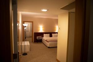 a hotel room with a bed and a lamp at Trakya City Hotel in Edirne