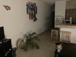 a living room with a plant in the corner of a room at New cozy flat with pool in amazing place..! in Costa Del Silencio