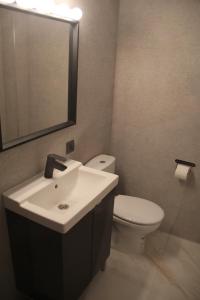 een badkamer met een wastafel, een toilet en een spiegel bij APARTAMENTO HUERTA LA REINA in Córdoba