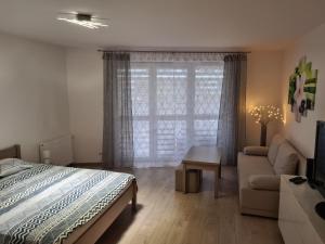 a bedroom with a bed and a couch and a window at Wielicka Apartment in Kraków