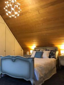 a bedroom with a bed and a chandelier at Ferienhaus Chalet Dr. Winkler in Speichersdorf