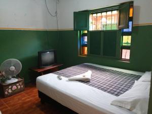 a bedroom with a bed with green walls and a window at Hosteria los Cristales in Santander de Quilichao