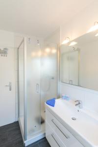 een badkamer met een witte wastafel en een douche bij Revenstorf Wohnung 2 in Grömitz