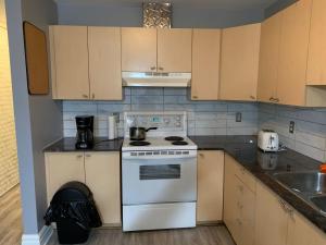 a kitchen with a white stove and a sink at Ottawa airport guesthouse in Ottawa
