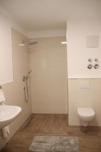 uma casa de banho com um chuveiro, um WC e um lavatório. em Casa Kronengarten Nr 2 em Hilden
