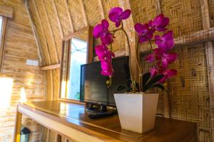 a vase with purple flowers on a table with a tv at Puri Sadewa Balangan in Jimbaran