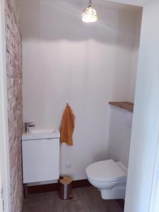 a bathroom with a white toilet and a sink at Uw eigen boerderij bij Le Moulin de la Place in Hargicourt