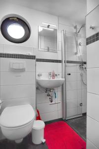 uma casa de banho com um WC branco e um lavatório. em Barth, Dieter em Zingst