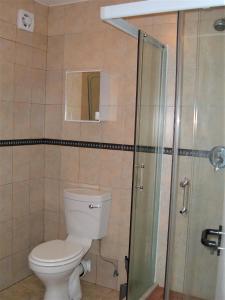 a bathroom with a toilet and a glass shower at Cozumel 212 in Umdloti