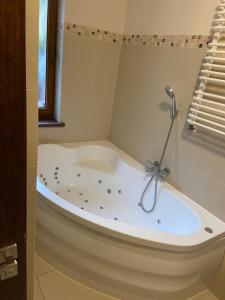 a bath tub with a shower in a bathroom at Dom U Zbyszka z prywatną plażą in Kiedrowice +8 photos