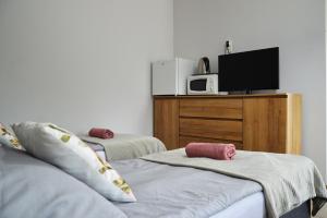 una camera con due letti e una TV su un comò di Apartament Adabet a Kępno