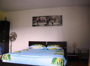a bedroom with a bed with a painting on the wall at Decebal 1 Premium apartment in Bucharest